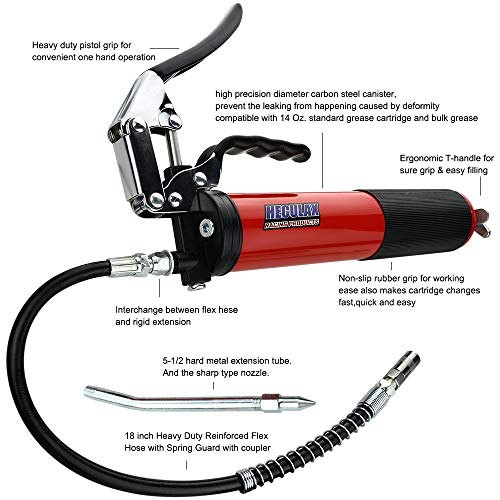 Motovecor Grease Gun, Heavy Duty Professional Premium Pistol 18 Inch Flex Hose, 6000 PSI 14.5 Oz 400cc Black & Red (Red(Upgrade)) - Thumbnail 2