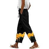 domirica Linen Boho Pants for Women Butterfly Print Loose Casual Pants with Pockets Comfy Elastic Waist Lightweight Trousers