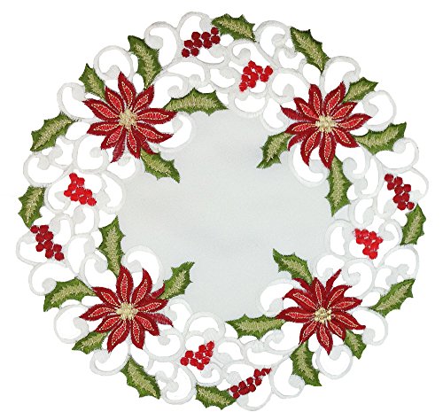 Xia Home Fashions Poinsettia Lace Embroidered Cutwork Christmas Doilies, 16-Inch Doily, Set of 4