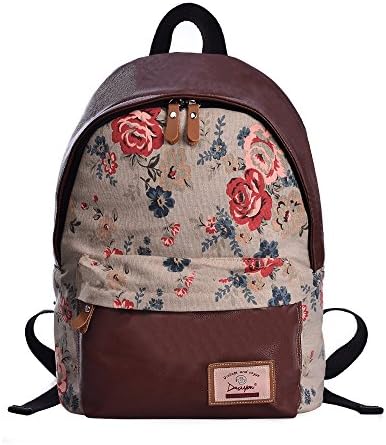 Floral School Backpacks Canvas Cute Printed Backpack for Teenage Girls (Khaki L)