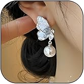 Dainty Ice Crystal Butterfly Wing Pearl Drop Earrings for Women Cubic Zirconia Butterfly Earrings for Wedding Jewelry