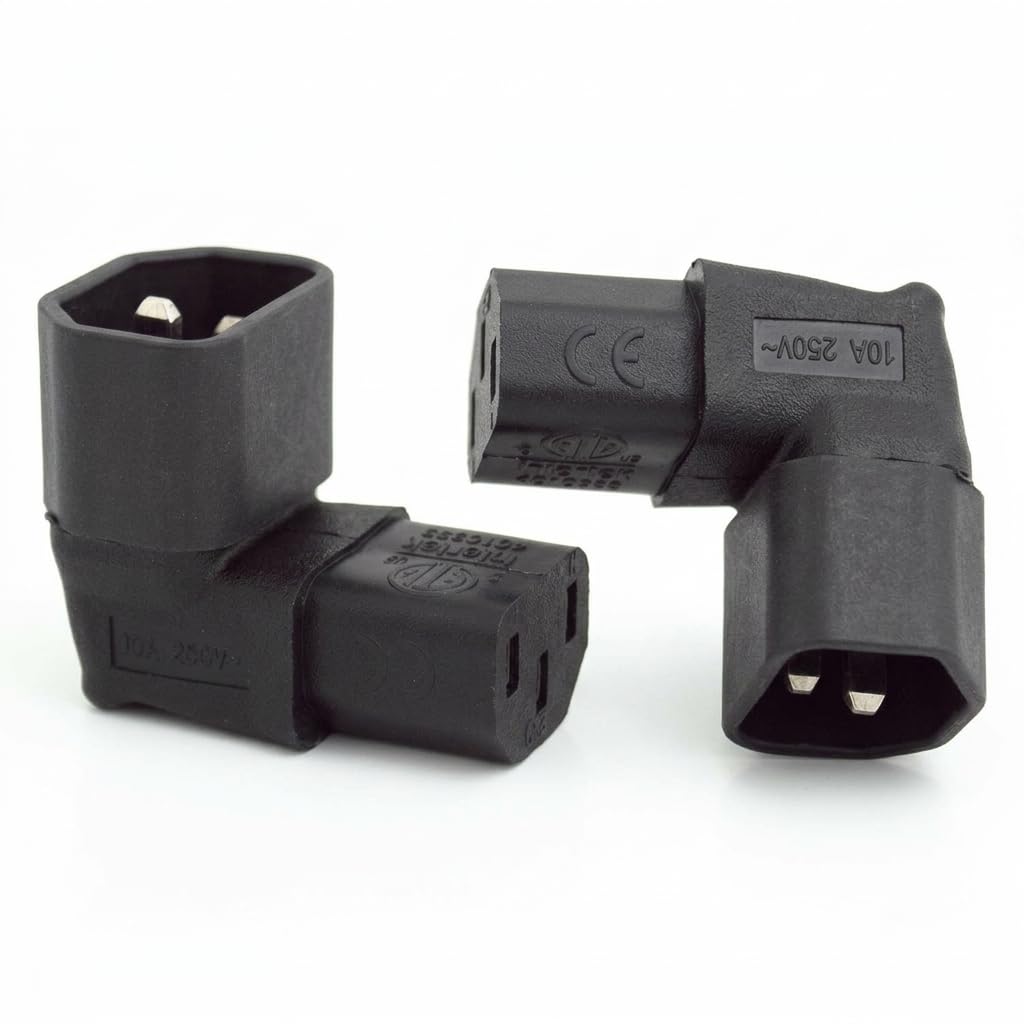 ionz IEC C14 TO C13 power adapter 10A PDU plug 90 degree right angled for wall mounted LCD/TV rackmount - twin pack