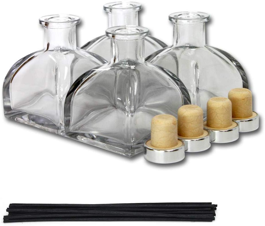 Feel Fragrance Glass Diffuser Bottles with Cork Lid Cover and Reed Sticks, Set of 4-3.5" High,150ml 5.1 oz. Fragrance Accessories Use for DIY Reed Diffuser (Fiber Sticks Brown)