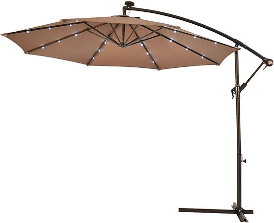 Patio Umbrella 10 Ft Led Solar With Base Offset Hanging Sun Shade Market Tan New