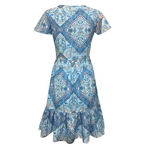 Keliay Bargain Womens Casual High Waist Bohemia Print V Neck Button National Style Midi Dress Blue