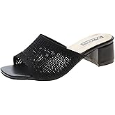 ZUYIYIA Women's Square Open Toe Knitted Chunky Heel Sandals Summer Hollow Breathable Comfortable Casual Dress Slip On Slides Shoes