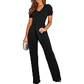 BLENCOT Womens Jumpsuit Short Sleeve Casual v Neck Belted Wide Leg Formal Rompers Jumpsuits S-XL