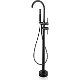 HOZKUY Freestanding Bathtub Faucet Floor Mount Free Standing Faucet Tub Filler Brass Bathroom Tub Faucets Swivel Gooseneck Spout with Hand Shower Mixer Taps Matte Black