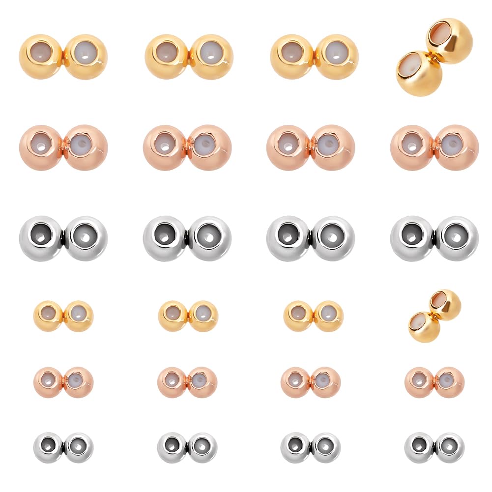 PH PandaHall 3 Colors 24PCS 18k Gold Plated Stopper Beads Double Hole Beads Silicone Slider Bead Adjustable Round Spacer Bead for DIY Bracelet Necklace Earring Jewelry Making,
