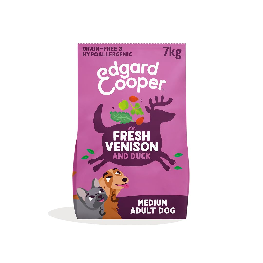 Edgard & Cooper Grain Free Dry Dog Food For Medium Breed Adult Dogs (7kg), Fresh Venison & Duck, Balanced Fibre For Gut Health, Hypoallergenic Recipe With Natural Ingredients, Never Meat Meal