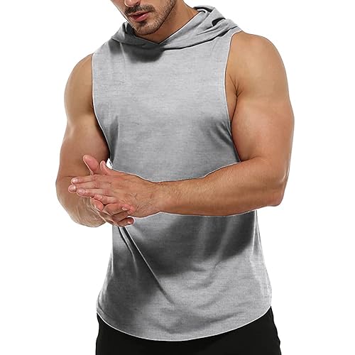 Men's Workout Sleeveless Hoodies Athletic Training Cotton Gym Hooded Tank Tops Sports Bodybuilding Fitness Muscle T Shirts Gray L