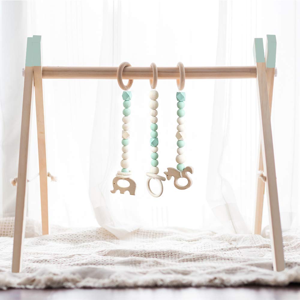 little dove Wooden Baby Gym with 6 Baby Teething Toys Foldable Play Gym Frame Activity Gym Hanging Bar Baby Toy Top Mint