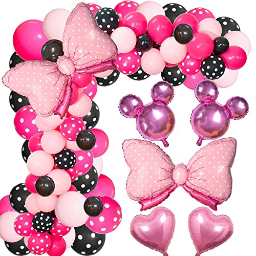 TERRIFI Pink Mouse Color Balloon Garland Kit, 116 Pcs Pink Black Polka Dot Balloon Arch with Bow Foil Balloons for Girls Kids Pink Mouse Theme Birthday Baby Shower Decorations