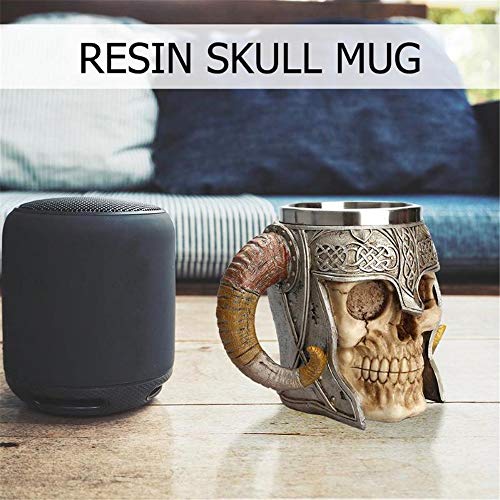 Mookis Viking Drinking Coffee Beer Mug, Stainless Steel Ram Horned Gothic Pirate Skull Mug, Medieval Style Skeleton Tankard Stein for Beer Wine Coffee Rum Drinking Water - 450 Ml(15 Oz)