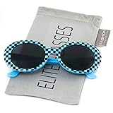 Elite NIRVANA Kurt Cobain Oval Bold Vintage Sunglasses For Women Men Eyewear - Checkered Frame Black Lens (Checkered Blue, 65)