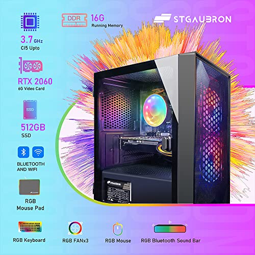 STGAubron Gaming PC Desktop Computer, Intel Core i5 up to 3.7GHz, GeForce RTX 2060 6G, 16G RAM, 512G SSD, WiFi, Bluetooth 5.0, RGB Fan x2, RGB BT Sound Bar, Windows 10 Home