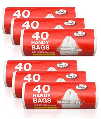 Tidyz 6 Packs Of 40 White Plastic Bin Bags - Fits 15L Pedal Bin - Extra Strong Tie Handle - 240 Bags Total