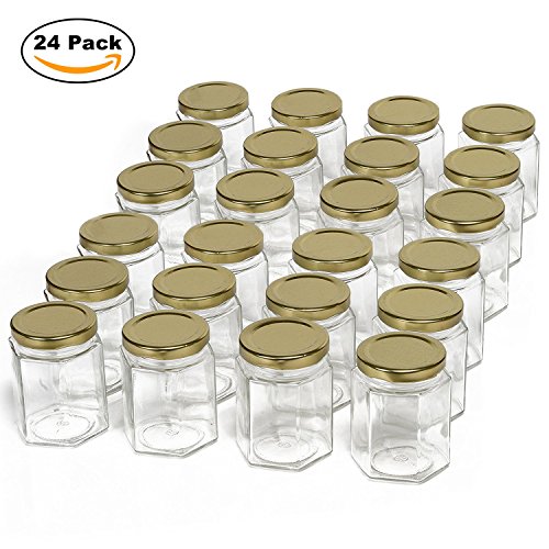 Hexagon Glass Jars by Nellam - 4oz, 24 Pack. Includes 48 Chalk Sticker Labels and 2x Chalk Pen. DIY Jars for Canning, Party Favors, Jams, Sauces, Herbs, Spices. (Gold Lid - 24 Pcs) - Thumbnail 6