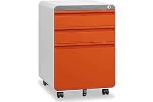 Dripex 3 Drawer File Cabinet, Metal Filing Cabinets with Lock Wheels & Hanging Rail for A4/Legal/Letter File, Anti-tilt Under Desk Design, Lockable Rolling Mobile File Cabinet for Home Office (Orange)