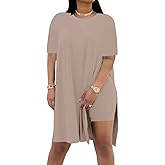 AXOSY Women Plus Size 2 Piece Outfits Short Sleeve Tunic Tops and Skinny Biker Shorts Sets Tracksuits