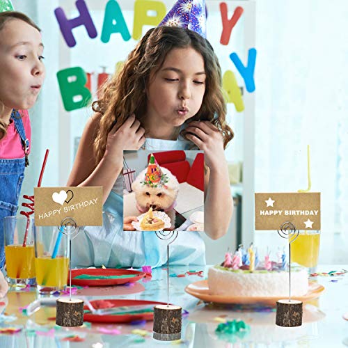 Pomeat 20 Pcs Table Card Holder Rustic Wood Base Wedding Card Holders with Swirl Wire and 20 Pcs Kraft Place Cards, 5.8 inch Photo Picture Note Clip for Wedding Home Party Table Decorations