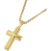 Edforce Stainless Steel Double Layer Cross Pendant Necklace for Men, 24" Box Chain