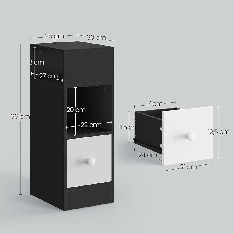 Mesita de Noche Estrecha Gris Oscuro con 2 Compartimentos y 1 Cajón, 25x30x66 cm, Mesilla Auxiliar para Dormitorio Pequeño y Salón Espacios Reducidos, Moderno Madera, 0010CTG