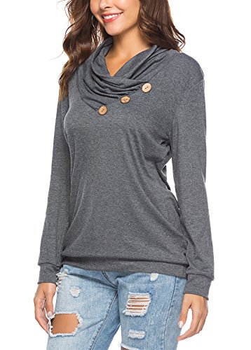 KISSMODA Loose Fit Tshirt Blouse for Women Basic Tops Long Sleeves with Buttons Solid Color Drak Gray Medium