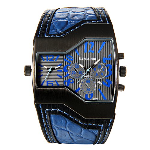 Lancardo Men's Big Face Tonneau Japan Quartz Two Time-Zone Dual Movement Watch with Calendar