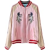 Viport Women's Reversible Crane Tiger Fujiyama Embroidery Bomber Jacket Japanese Style Pink Blue