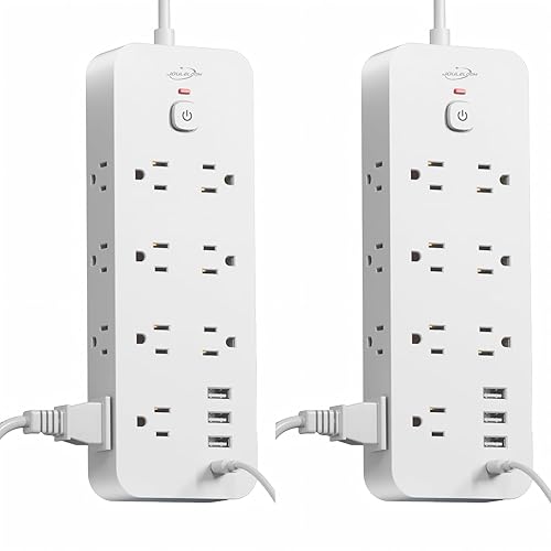 JouleLoom 2 Pack Surge Protector Power Strip with USB Ports, 14 AC Outlets with 4 USB Ports (1 USB C), 10 Feet Extension Cord with Multiple outlets, 1250W/10A, One Touch Switch Button, Wall Mountable
