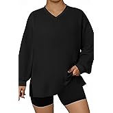 Eytino Plus Size Sweatshirts for Women V Neck Long Sleeve Oversized Pullover Tops 2026 Fall Fashion Outfit Clothes(1X-5X)