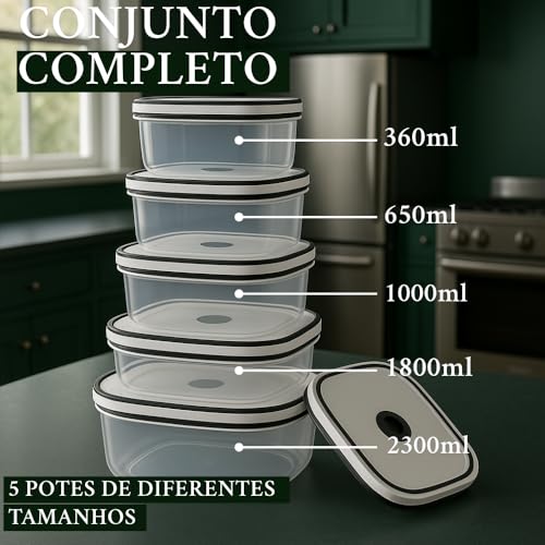 Kit 5 Potes Herméticos para Geladeira com Tampa Plástica Transparente - Armazena Alimentos, Antivazamento, Ideal para Freezer/Microondas, Livre de BPA