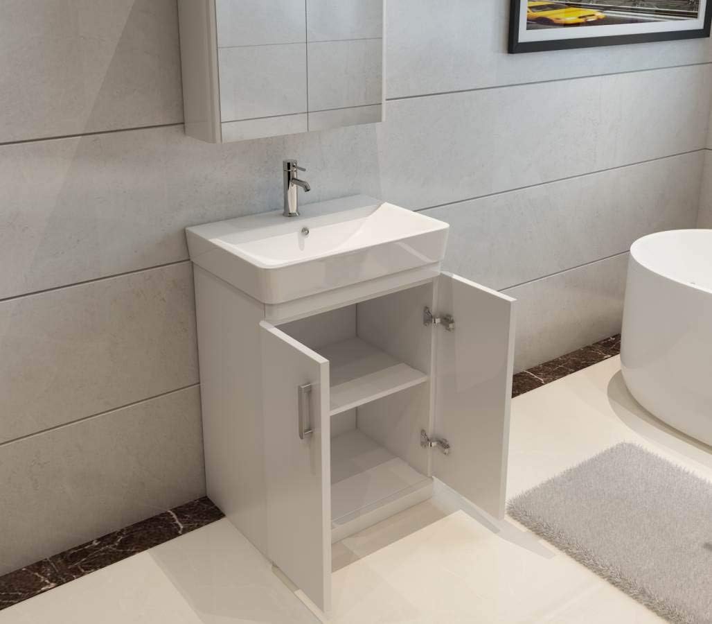 Veebath Nour Twin Door Bathroom Vanity Cabinet Acubase Waterproof High Gloss White Furniture With Ceramic Basin 600mm Kitchen Bath Fixtures Bathroom Fixtures Umoonproductions Com