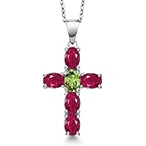 Gem Stone King 925 Sterling Silver Red Ruby and Green Peridot Cross Pendant Necklace for Women | 3.50 Cttw | Gemstone July Birthstone | Oval 6X4MM | With 18 Inch Chain
