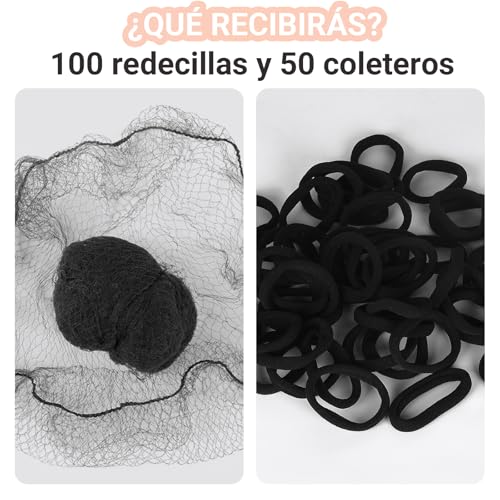 100pzs Red para Cabello y 50 Pcs Ligas para Cabello, JDF3CISH Cofias Desechables, Red de Pelo Tejida de, Gorro Desechable Tipo para Bailarinas de Ballet, Redecillas de Cocina, Danza, Actor