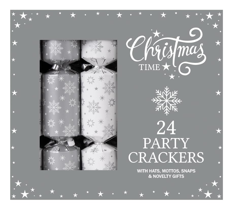 RSW Set of 24 Christmas Crackers - White and Silver Snowflake/Star Design - 9” - Perfect for Christmas Celebration - Festive Table Decoration Xmas Party Celebration