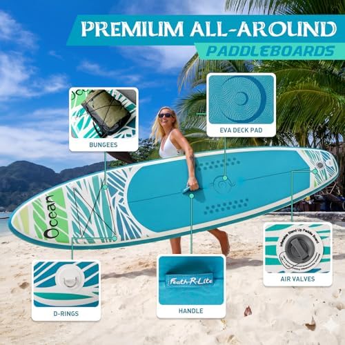 Tabla de Paddle Inflable Ultra Ligera, Stand Up Paddle Board con 3 Aletas, Remo Ajustable, Bomba, Mochila, Correa de Seguridad y Bolsa Impermeable para Teléfono
