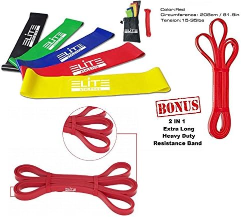 Resistance Loop Bands Bundle Set of 6 Includes BONUS Pull Up Assist Bands-Carrying Bag, Great for Yoga Pilates Rehabilitation Stretching Strength Training CrossFit, Official Elite Athletic Bands