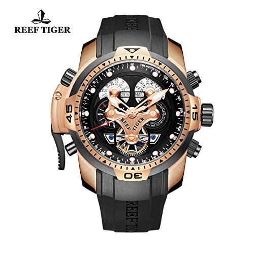 Reef Tiger Mens Complicated Watch Black Rose Gold Automatic Watch RGA3503