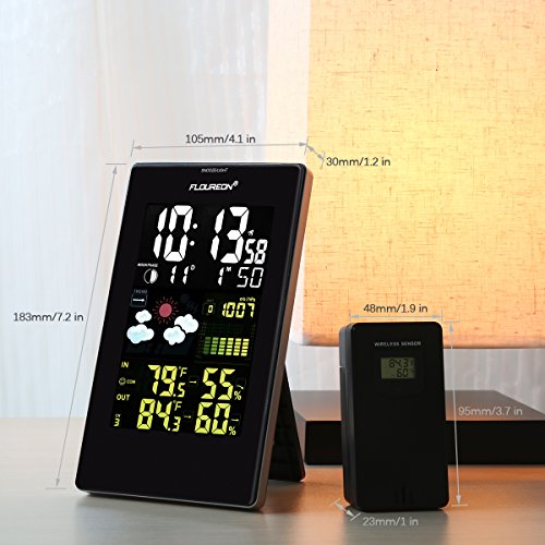 Floureon Weather Station Wireless Weather Forecaster - Indoor/Outdoor Temperature Alert & Humidity Monitor Daily Alarm - Large LCD Color Display - Calendar Time Clock(Dark Theme)