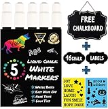 White Chalk Markers by Vaci, Pack of 5 White Markers Drawing Stencils + 16 Labels, Premium Liquid Chalkboard Neon Pens, Professional White Ink Tips