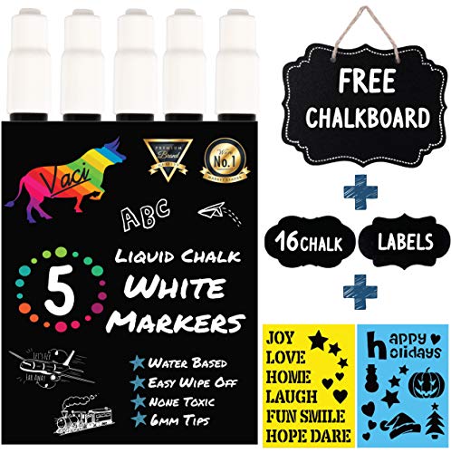 White Chalk Markers by Vaci, Pack of 5 White Markers Drawing Stencils + 16 Labels, Premium Liquid Chalkboard Neon Pens, Professional White Ink Tips