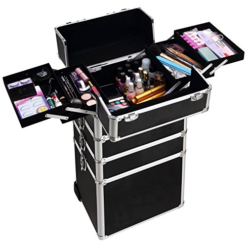 Ollieroo-4-in-1-Aluminum-Rolling-Cosmetic-Makeup-Train-Cases-Trolley-Professional-Artist-Train-Case-Organizer-Box-Lift-Handle-Lock-2-wheel-2-Keys-Each-Layer-Total-8-Keys-Makeup-Luggage-Black