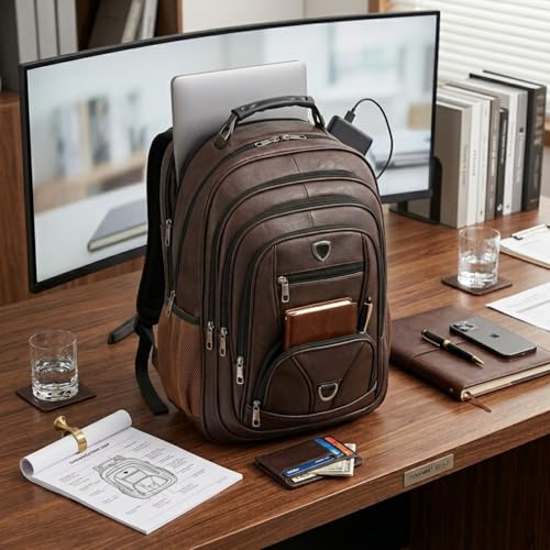 Mochila Executiva Couro Sintético Antifurto Notebook 17USB Impermeável 50L Masculina Trabalho Faculdade Viagem Reforçada com Cabo de Aço