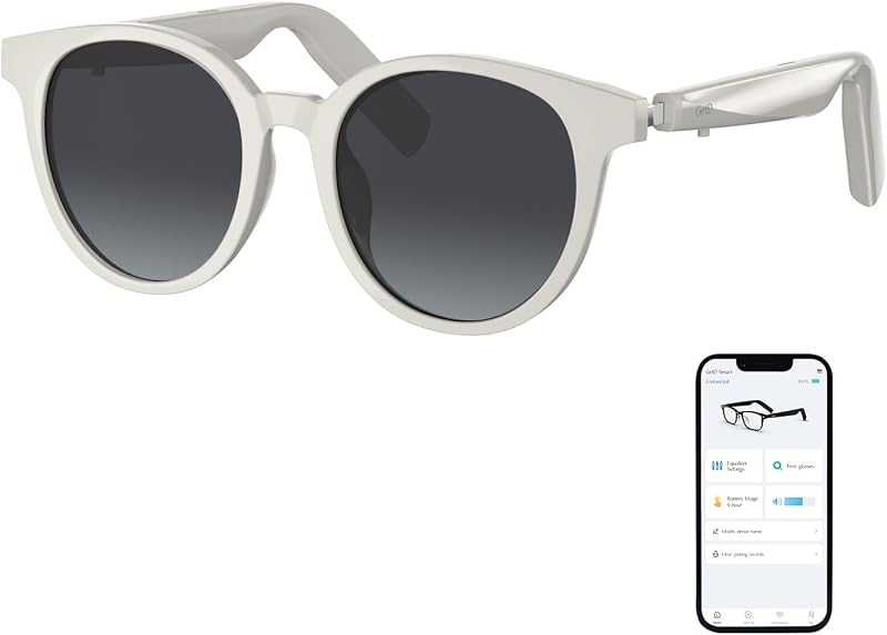 - Gafas Bluetooth, gafas de audio inteligentes de oreja abierta con altavoz y micrófono, gafas de sol polarizadas para hombres y mujeres (Marco Blanco + Lente Gris)