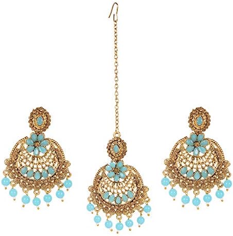 Charming Jewels Gold Plated Floral Kundan Pearl Turquoise Earrings and Maagtika Set for Women and Girls-Bridal Big Maang Tikka Earring Design Latest