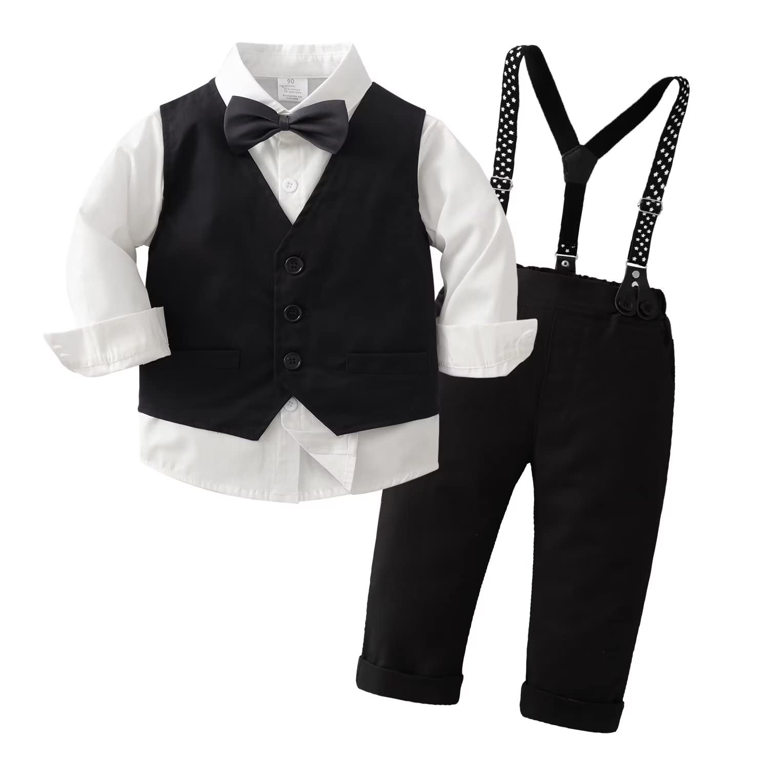 Photo 1 of Tiepant Boys Long Sleeve Dress Shirt with Bowtie + Suspender Pants + Vest Gentleman Outfit for Toddler Black 4-5T
