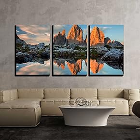 3 Piece Canvas Wall Art - DREI Zinnen or TRE Cime Di Lavaredo with Reflection in Lake - Modern Home Art Stretched and Framed Ready to Hang - 16"x24"x3 Panels