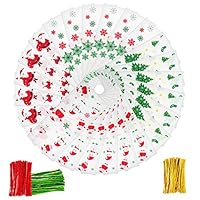 400 PiecesTreat Bags Clear Candy Bags,27.5x4.9 inches Christmas Cellophane Printed Santa Snowman Snowflake Christmas Trees,Including 2250 Pcs Twist Ties for Cake/Bakery/Dessert